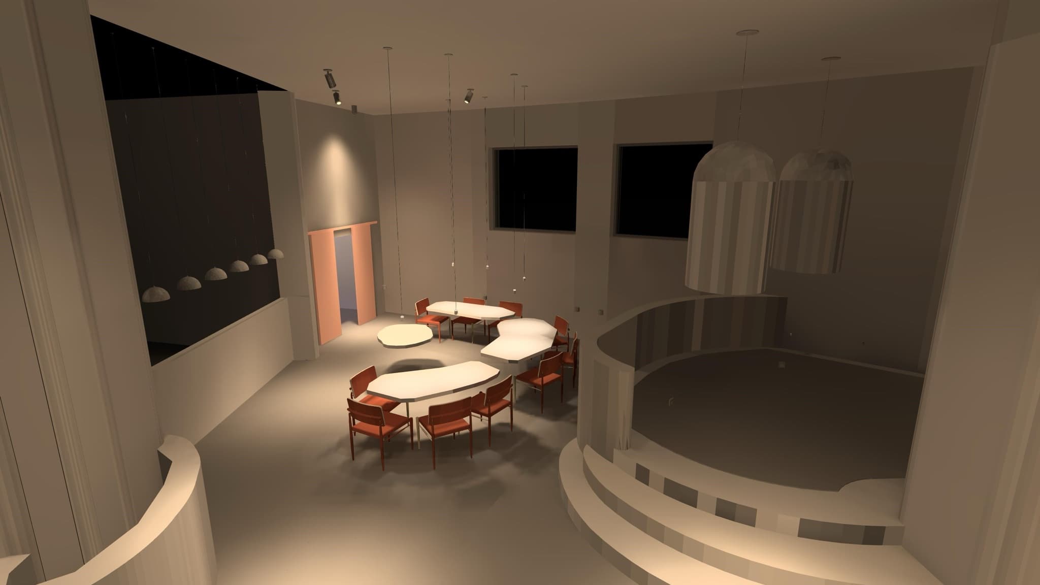 Зона у сцены с круглыми столами и подсветкой ступеней подиума